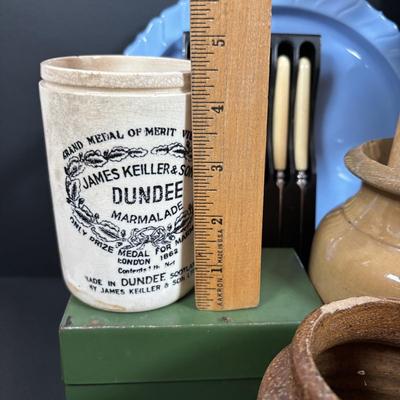 LOT 200: Wooden Recipe Holders, Dundee Marmalade Crock & Others, Strawbridge & Clothier Knife Set made by Sheffield England,...