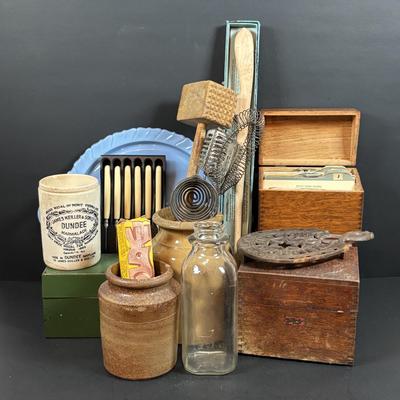 LOT 200: Wooden Recipe Holders, Dundee Marmalade Crock & Others, Strawbridge & Clothier Knife Set made by Sheffield England,...
