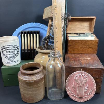 LOT 200: Wooden Recipe Holders, Dundee Marmalade Crock & Others, Strawbridge & Clothier Knife Set made by Sheffield England,...