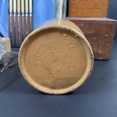 LOT 200: Wooden Recipe Holders, Dundee Marmalade Crock & Others, Strawbridge & Clothier Knife Set made by Sheffield England,...