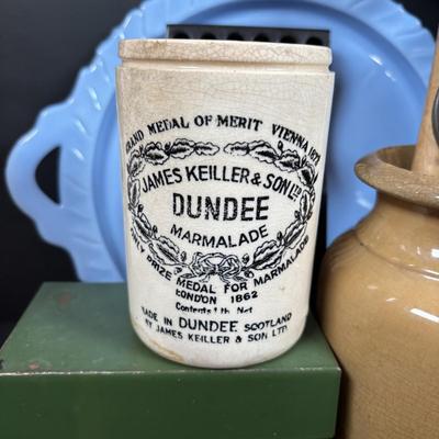 LOT 200: Wooden Recipe Holders, Dundee Marmalade Crock & Others, Strawbridge & Clothier Knife Set made by Sheffield England,...