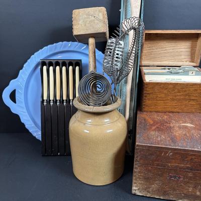 LOT 200: Wooden Recipe Holders, Dundee Marmalade Crock & Others, Strawbridge & Clothier Knife Set made by Sheffield England,...