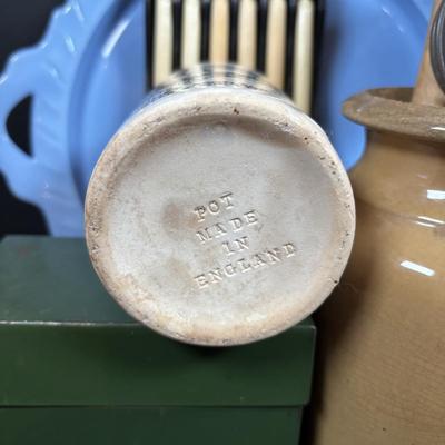 LOT 200: Wooden Recipe Holders, Dundee Marmalade Crock & Others, Strawbridge & Clothier Knife Set made by Sheffield England,...