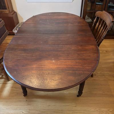 LOT 501: Antique Drop Leaf Table w/4 Extensions in Crate, Center Support Leg and Two S. Bent & Bros Colonial Chairs