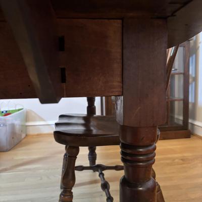 LOT 501: Antique Drop Leaf Table w/4 Extensions in Crate, Center Support Leg and Two S. Bent & Bros Colonial Chairs