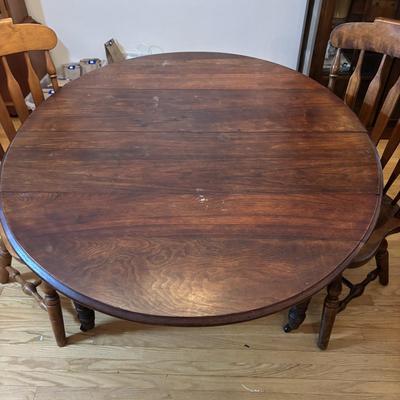 LOT 501: Antique Drop Leaf Table w/4 Extensions in Crate, Center Support Leg and Two S. Bent & Bros Colonial Chairs