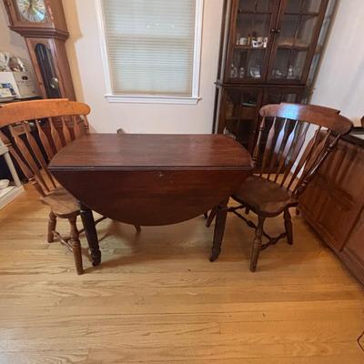 LOT 501: Antique Drop Leaf Table w/4 Extensions in Crate, Center Support Leg and Two S. Bent & Bros Colonial Chairs