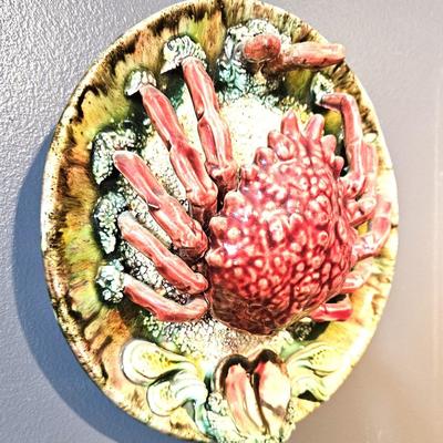 10' Rare Antique Portuguese Palissy Style Majolica Crab Plate