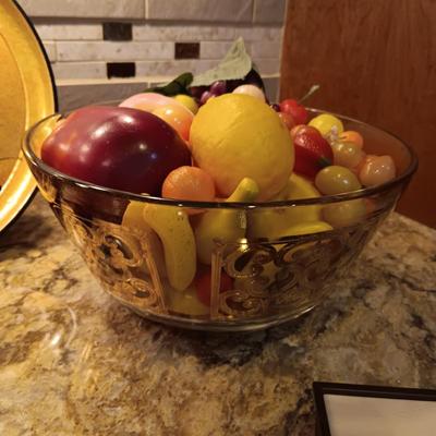 CUTCO STEAK KNIVES, FAUX FRUIT IN A GLASS BOWL AND MORE