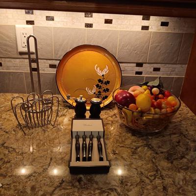 CUTCO STEAK KNIVES, FAUX FRUIT IN A GLASS BOWL AND MORE
