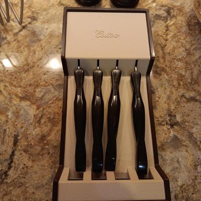 CUTCO STEAK KNIVES, FAUX FRUIT IN A GLASS BOWL AND MORE
