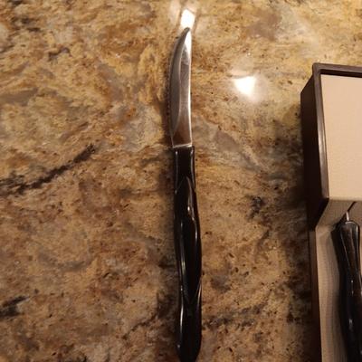 CUTCO STEAK KNIVES, FAUX FRUIT IN A GLASS BOWL AND MORE
