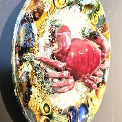 13' Rare Antique Palissy Style Majolica Portugal Crab Plate