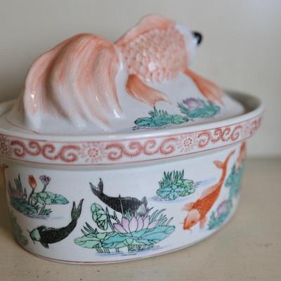 Vintage Koi Fish Casserole Oval Baking Dish with Lid