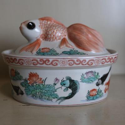 Vintage Koi Fish Casserole Oval Baking Dish with Lid