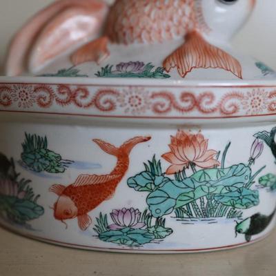 Vintage Koi Fish Casserole Oval Baking Dish with Lid