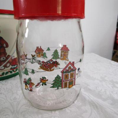 Sale Photo Thumbnail #175: Bear wreath 15" across, silk poinsettia bunch, bear canister with lid, red glass bowl, painted glass jar with lid