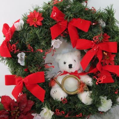 Sale Photo Thumbnail #177: Bear wreath 15" across, silk poinsettia bunch, bear canister with lid, red glass bowl, painted glass jar with lid