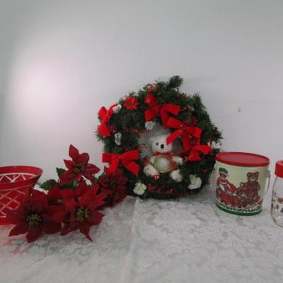 Sale Photo Thumbnail #174: Bear wreath 15" across, silk poinsettia bunch, bear canister with lid, red glass bowl, painted glass jar with lid