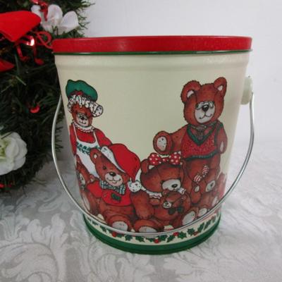 Sale Photo Thumbnail #176: Bear wreath 15" across, silk poinsettia bunch, bear canister with lid, red glass bowl, painted glass jar with lid