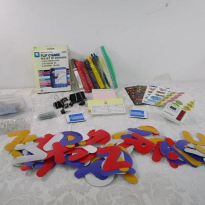 Sale Photo Thumbnail #286: Hanging file folder tabs, push pins, post-it notes, binder clips, markers & highlighters, paper clips, stickers, letter cut-outs, digital timer (includes battery) tested & works, American Express magnets