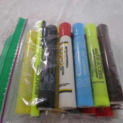 Sale Photo Thumbnail #297: Hanging file folder tabs, push pins, post-it notes, binder clips, markers & highlighters, paper clips, stickers, letter cut-outs, digital timer (includes battery) tested & works, American Express magnets