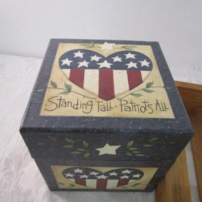 Sale Photo Thumbnail #300: Bear box with lit is 7-3/8" across x 3" tall, Patriotic is 6-1/2" tall x 6-1/8" square