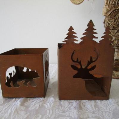 Sale Photo Thumbnail #369: Pottery mug, glazed candle holder, Moose decoration 15-1/2" tall x 15-1/2" long, 2 metal cut-out candle holders, moose door knocker