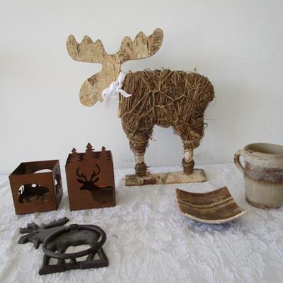 Sale Photo Thumbnail #368: Pottery mug, glazed candle holder, Moose decoration 15-1/2" tall x 15-1/2" long, 2 metal cut-out candle holders, moose door knocker