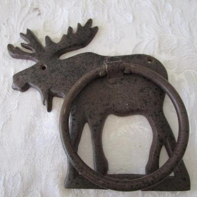 Sale Photo Thumbnail #373: Pottery mug, glazed candle holder, Moose decoration 15-1/2" tall x 15-1/2" long, 2 metal cut-out candle holders, moose door knocker