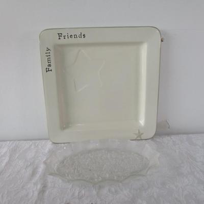 Sale Photo Thumbnail #503: Platter is 13" square, serving dish has an etched scene & is oval 11-3/8" x 7"
