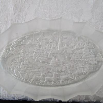 Sale Photo Thumbnail #506: Platter is 13" square, serving dish has an etched scene & is oval 11-3/8" x 7"