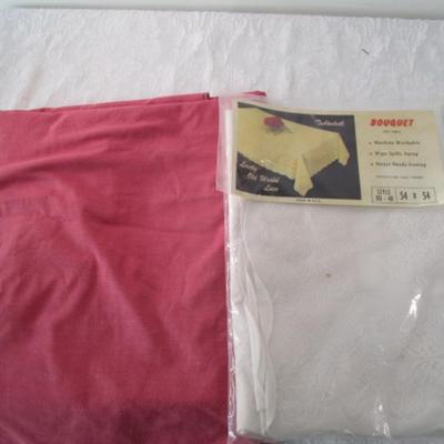 Sale Photo Thumbnail #508: Pink tablecloth is 59" x 116", White tablecloth is 54" square