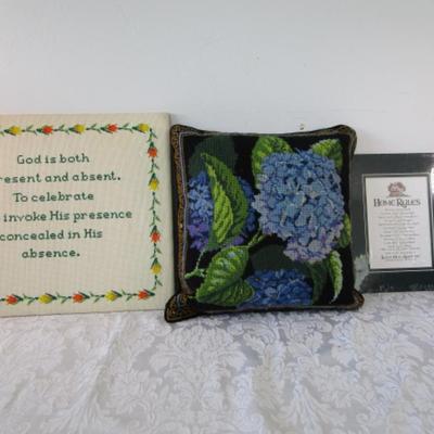 Sale Photo Thumbnail #627: 1 wall hanging is 15-3/4" x 13-1/4", 1 wall hanging is 8" x 10" pillow is 13" x 13"