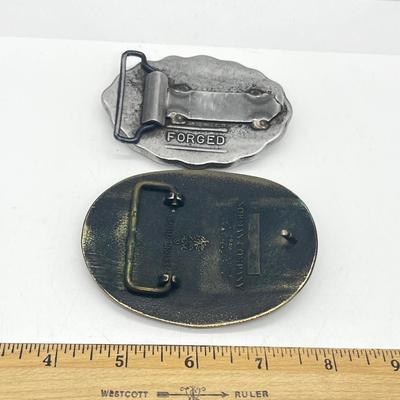 LOT 79: Big and Heavy Vintage Belt Buckles - National Rifle Association and The Americans Republic Steel