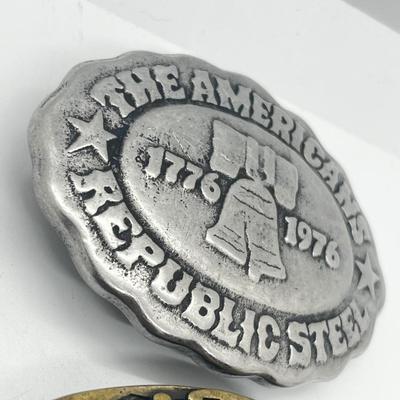 LOT 79: Big and Heavy Vintage Belt Buckles - National Rifle Association and The Americans Republic Steel