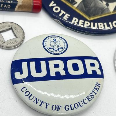 LOT 80: Vintage Odds and Ends: Political Button, Fish Hook Cufflinks, Lead Pencil and More!