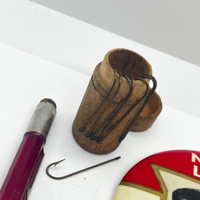 LOT 80: Vintage Odds and Ends: Political Button, Fish Hook Cufflinks, Lead Pencil and More!
