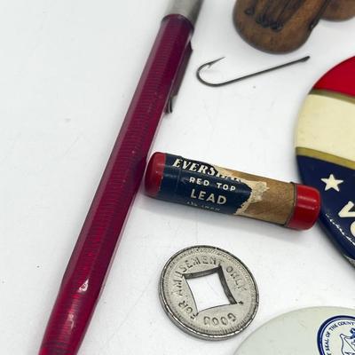 LOT 80: Vintage Odds and Ends: Political Button, Fish Hook Cufflinks, Lead Pencil and More!