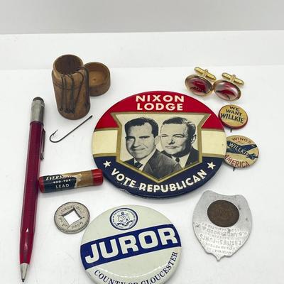 LOT 80: Vintage Odds and Ends: Political Button, Fish Hook Cufflinks, Lead Pencil and More!