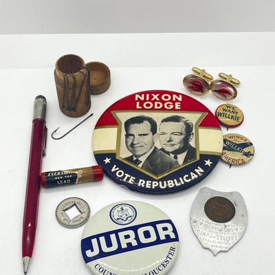 LOT 80: Vintage Odds and Ends: Political Button, Fish Hook Cufflinks, Lead Pencil and More!