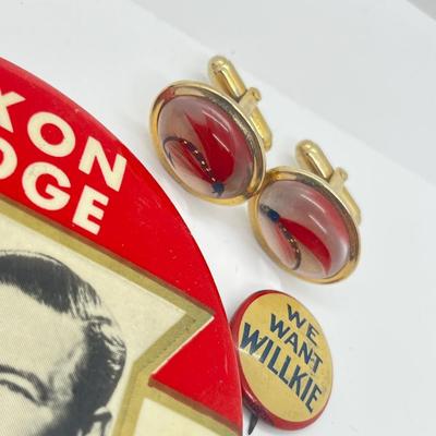 LOT 80: Vintage Odds and Ends: Political Button, Fish Hook Cufflinks, Lead Pencil and More!