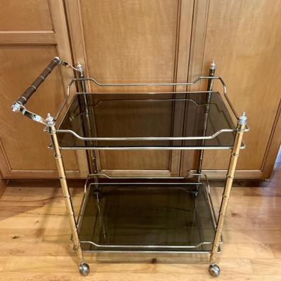 Accepting Offers: Vintage Hollywood Regency Faux Bamboo 2-tiered Brass Bar Cart