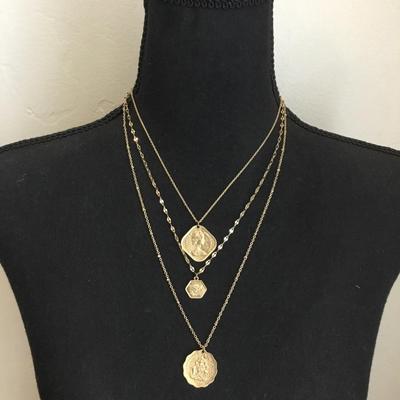 Beautiful layered faux , coin, statement, necklace, gold, toned