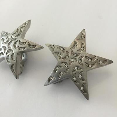 Super cool, mid-century, vintage, satin nickel toned, silver moon and star large statement clip on earrings
