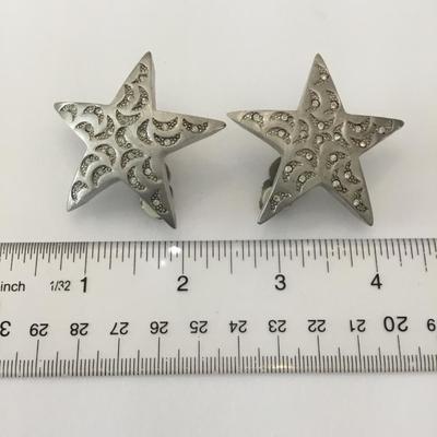 Super cool, mid-century, vintage, satin nickel toned, silver moon and star large statement clip on earrings