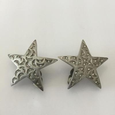 Super cool, mid-century, vintage, satin nickel toned, silver moon and star large statement clip on earrings