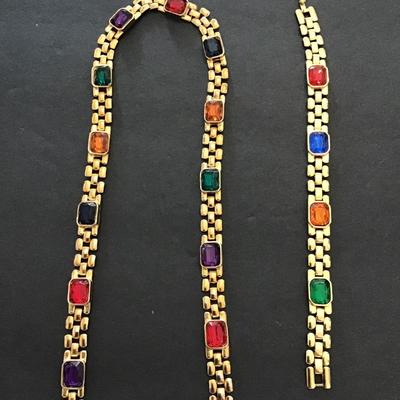 Beautiful, gold tone, multi colored, rhinestone bracelet and necklace combo