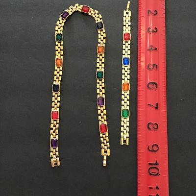Beautiful, gold tone, multi colored, rhinestone bracelet and necklace combo
