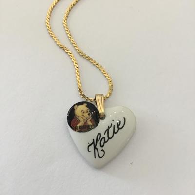 Cute vintage, porcelain heart, Winnie, Pooh, Katie, beautiful vintage necklace